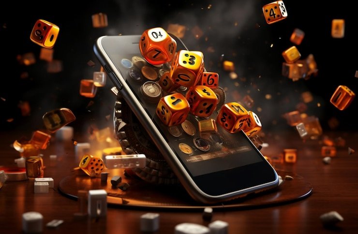 Lightning Dice game interface on mobile showing three dice and betting options